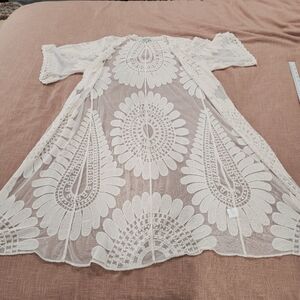 Rebellion Duster Cover Up Sheer Crocket Embroidery Sz Large Cream Boho Festival